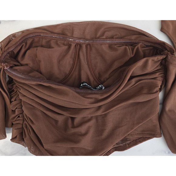 Zara Corset Top Womens Medium Brown Mesh Sheer Cropped Ruched Off Shoulder Y2K - Picture 10 of 12